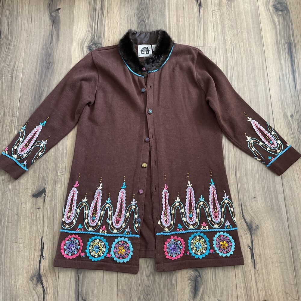 STORYBOOK KNITS Fur Collar Colorful Beaded Embroidered Brown Cardigan Sweater